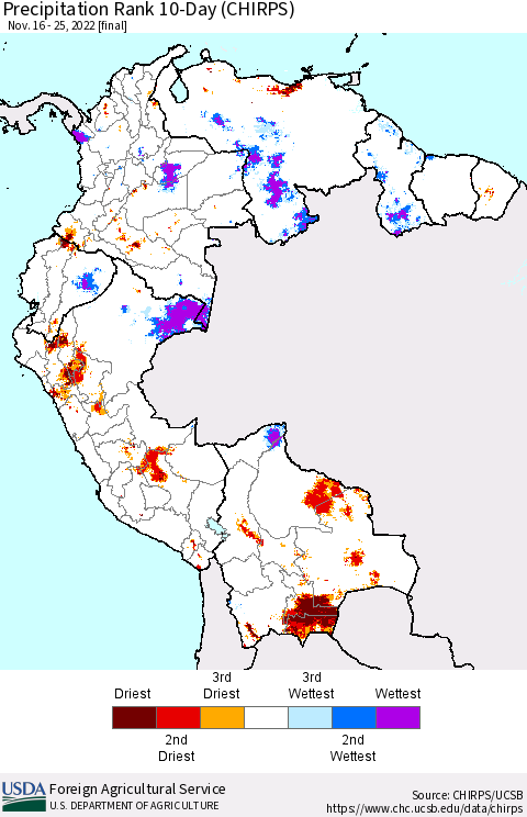 Northern South America Precipitation Rank 10-Day (CHIRPS) Thematic Map For 11/16/2022 - 11/25/2022