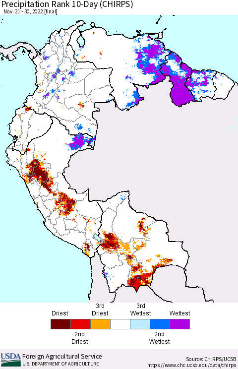 Northern South America Precipitation Rank 10-Day (CHIRPS) Thematic Map For 11/21/2022 - 11/30/2022