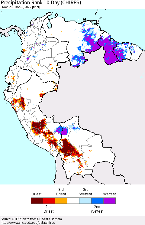 Northern South America Precipitation Rank 10-Day (CHIRPS) Thematic Map For 11/26/2022 - 12/5/2022