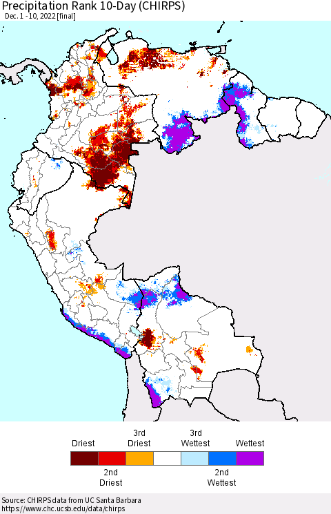 Northern South America Precipitation Rank 10-Day (CHIRPS) Thematic Map For 12/1/2022 - 12/10/2022
