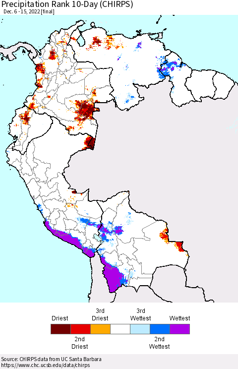 Northern South America Precipitation Rank 10-Day (CHIRPS) Thematic Map For 12/6/2022 - 12/15/2022