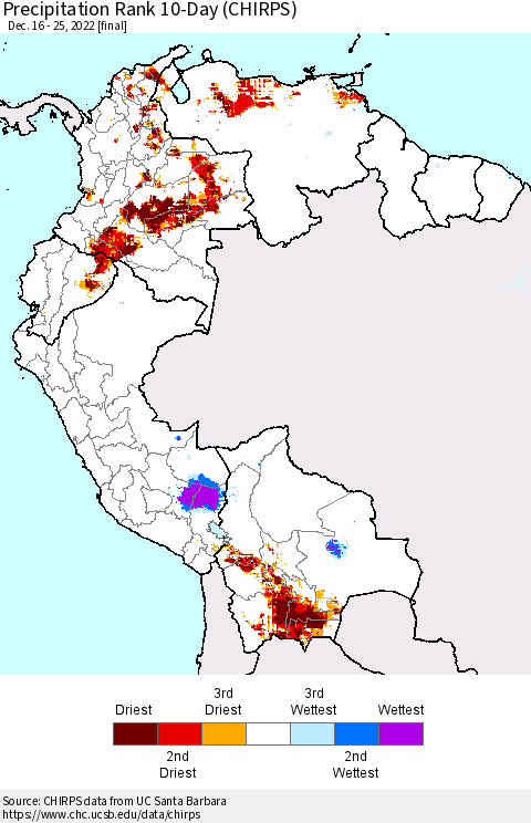 Northern South America Precipitation Rank 10-Day (CHIRPS) Thematic Map For 12/16/2022 - 12/25/2022
