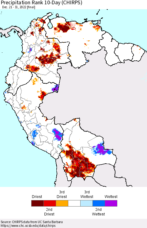 Northern South America Precipitation Rank since 1981, 10-Day (CHIRPS) Thematic Map For 12/21/2022 - 12/31/2022
