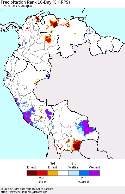 Northern South America Precipitation Rank since 1981, 10-Day (CHIRPS) Thematic Map For 12/26/2022 - 1/5/2023