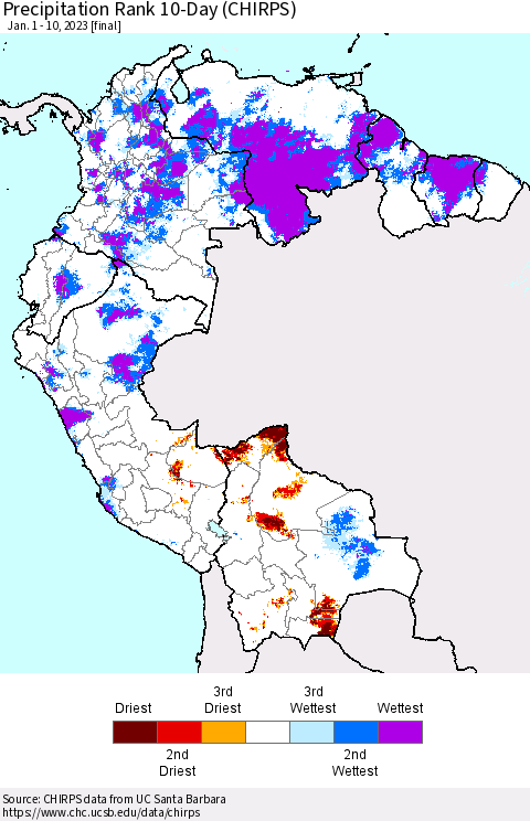 Northern South America Precipitation Rank 10-Day (CHIRPS) Thematic Map For 1/1/2023 - 1/10/2023