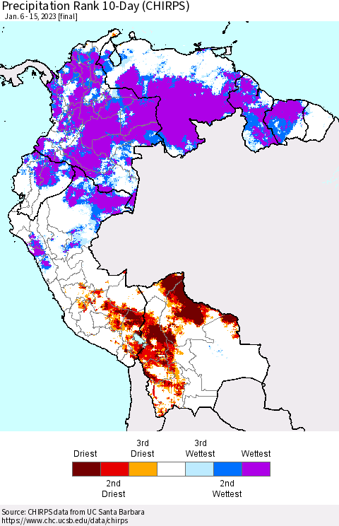 Northern South America Precipitation Rank 10-Day (CHIRPS) Thematic Map For 1/6/2023 - 1/15/2023