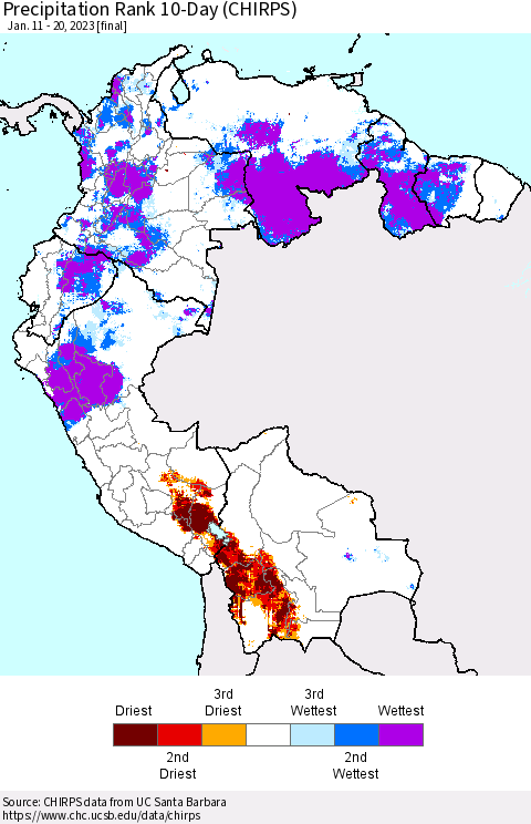 Northern South America Precipitation Rank 10-Day (CHIRPS) Thematic Map For 1/11/2023 - 1/20/2023