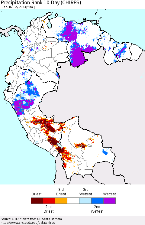 Northern South America Precipitation Rank 10-Day (CHIRPS) Thematic Map For 1/16/2023 - 1/25/2023