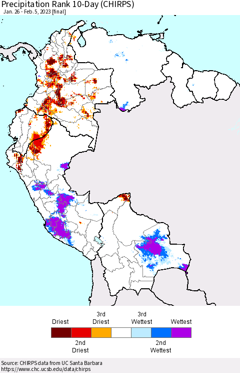 Northern South America Precipitation Rank 10-Day (CHIRPS) Thematic Map For 1/26/2023 - 2/5/2023