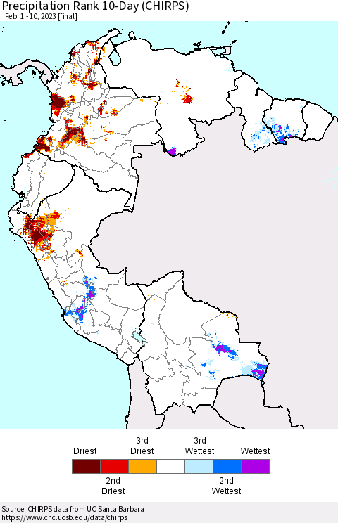 Northern South America Precipitation Rank 10-Day (CHIRPS) Thematic Map For 2/1/2023 - 2/10/2023