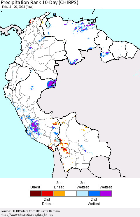 Northern South America Precipitation Rank 10-Day (CHIRPS) Thematic Map For 2/11/2023 - 2/20/2023
