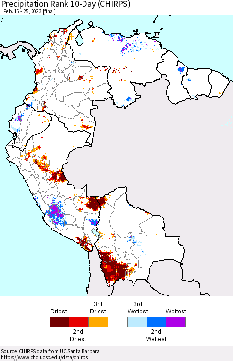 Northern South America Precipitation Rank 10-Day (CHIRPS) Thematic Map For 2/16/2023 - 2/25/2023