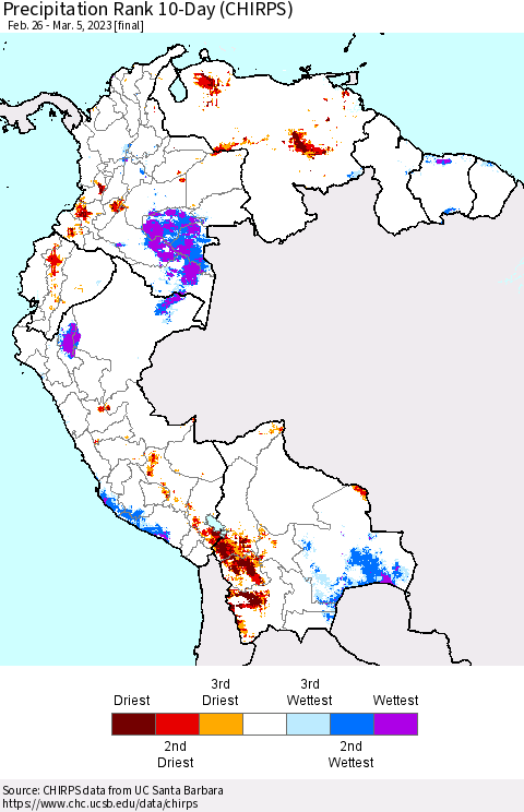 Northern South America Precipitation Rank since 1981, 10-Day (CHIRPS) Thematic Map For 2/26/2023 - 3/5/2023