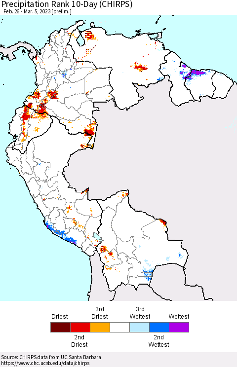 Northern South America Precipitation Rank 10-Day (CHIRPS) Thematic Map For 2/26/2023 - 3/5/2023