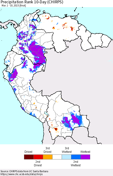 Northern South America Precipitation Rank since 1981, 10-Day (CHIRPS) Thematic Map For 3/1/2023 - 3/10/2023