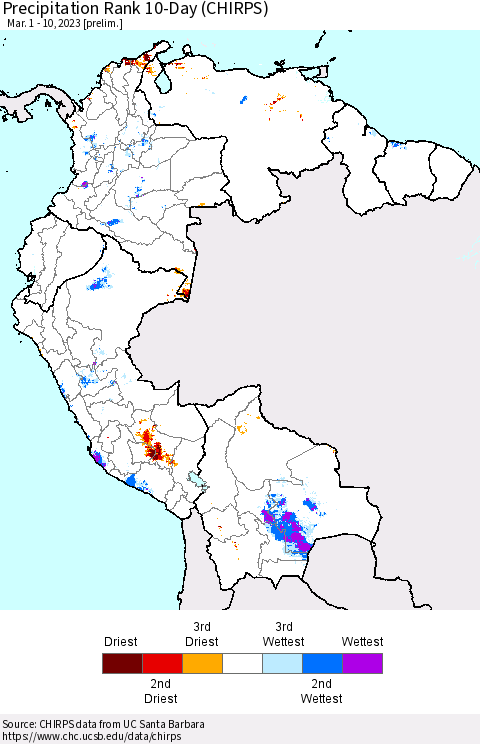Northern South America Precipitation Rank 10-Day (CHIRPS) Thematic Map For 3/1/2023 - 3/10/2023