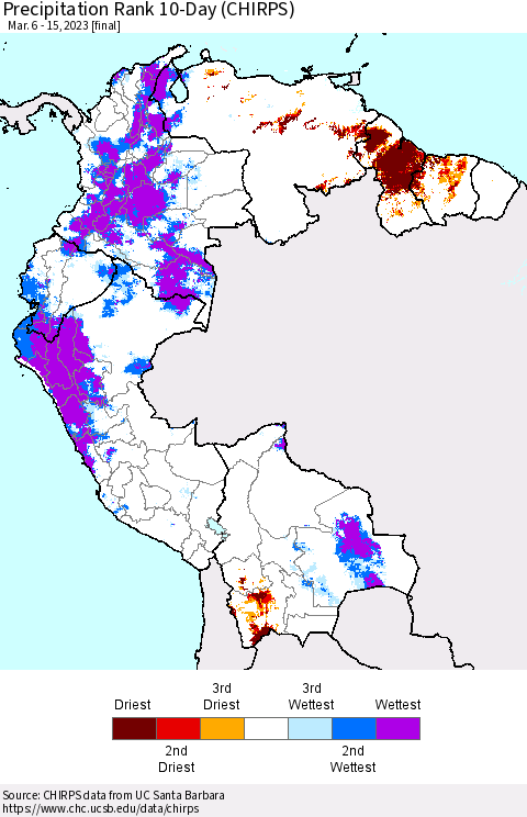 Northern South America Precipitation Rank since 1981, 10-Day (CHIRPS) Thematic Map For 3/6/2023 - 3/15/2023