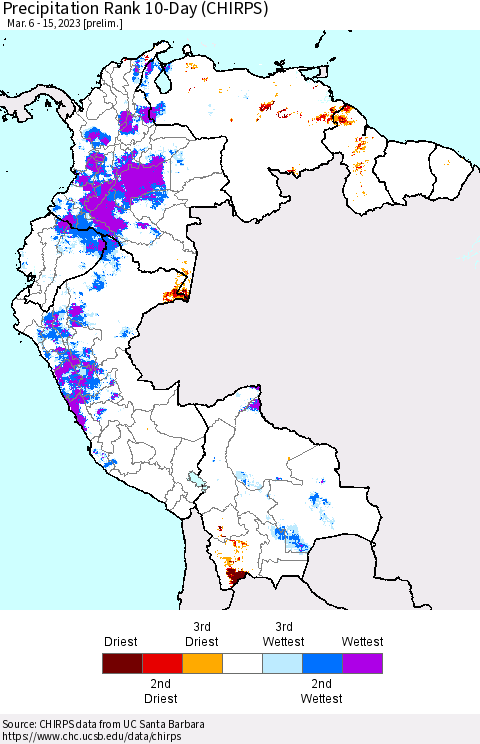 Northern South America Precipitation Rank 10-Day (CHIRPS) Thematic Map For 3/6/2023 - 3/15/2023
