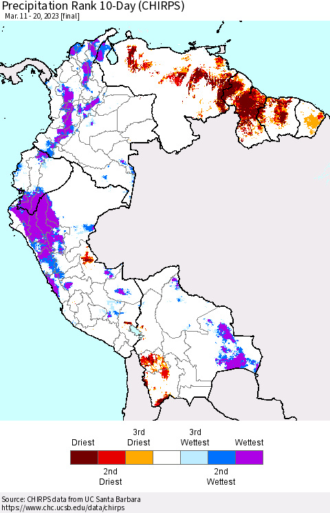 Northern South America Precipitation Rank since 1981, 10-Day (CHIRPS) Thematic Map For 3/11/2023 - 3/20/2023