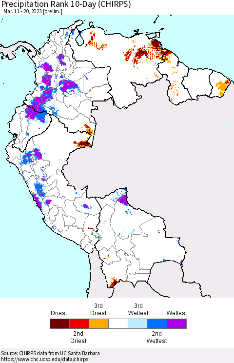 Northern South America Precipitation Rank 10-Day (CHIRPS) Thematic Map For 3/11/2023 - 3/20/2023