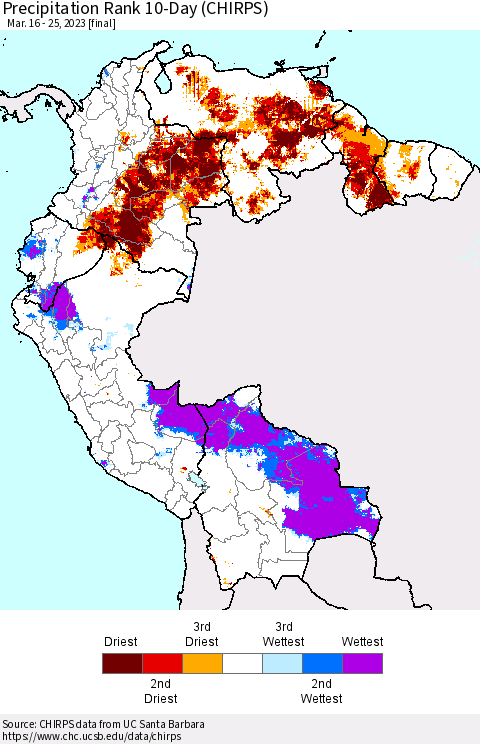 Northern South America Precipitation Rank since 1981, 10-Day (CHIRPS) Thematic Map For 3/16/2023 - 3/25/2023