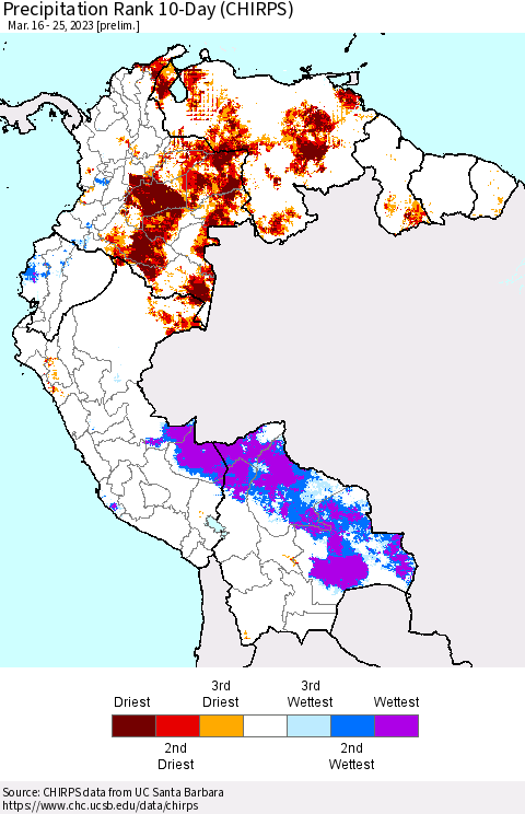 Northern South America Precipitation Rank 10-Day (CHIRPS) Thematic Map For 3/16/2023 - 3/25/2023