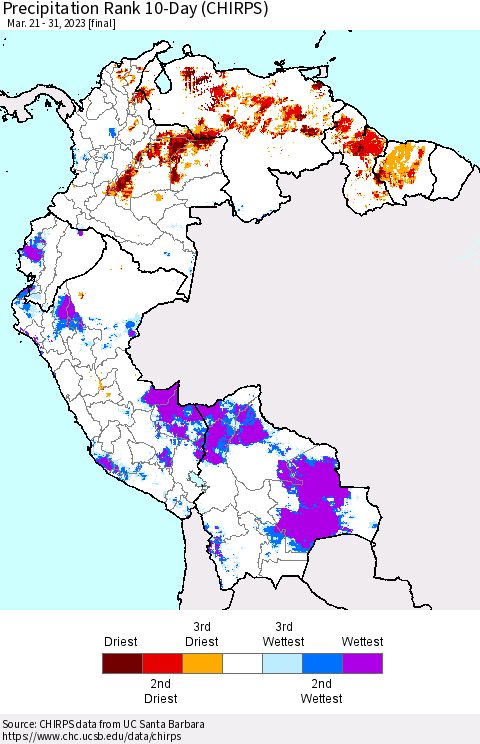 Northern South America Precipitation Rank since 1981, 10-Day (CHIRPS) Thematic Map For 3/21/2023 - 3/31/2023