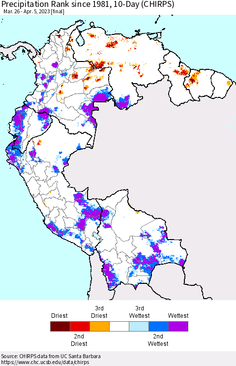 Northern South America Precipitation Rank since 1981, 10-Day (CHIRPS) Thematic Map For 3/26/2023 - 4/5/2023