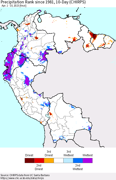 Northern South America Precipitation Rank since 1981, 10-Day (CHIRPS) Thematic Map For 4/1/2023 - 4/10/2023