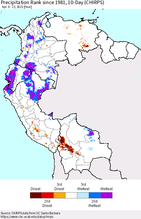 Northern South America Precipitation Rank since 1981, 10-Day (CHIRPS) Thematic Map For 4/6/2023 - 4/15/2023