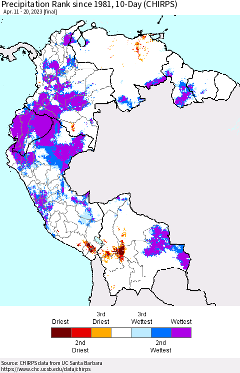 Northern South America Precipitation Rank since 1981, 10-Day (CHIRPS) Thematic Map For 4/11/2023 - 4/20/2023