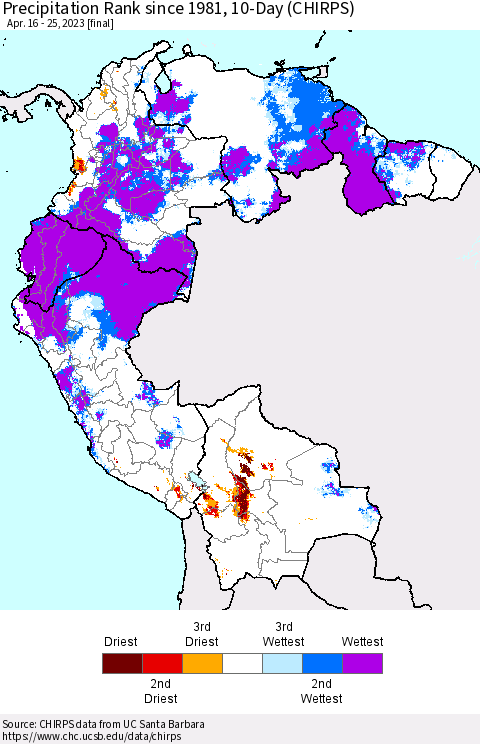 Northern South America Precipitation Rank since 1981, 10-Day (CHIRPS) Thematic Map For 4/16/2023 - 4/25/2023