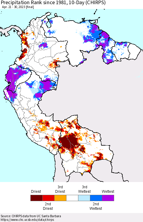 Northern South America Precipitation Rank since 1981, 10-Day (CHIRPS) Thematic Map For 4/21/2023 - 4/30/2023