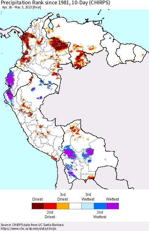 Northern South America Precipitation Rank since 1981, 10-Day (CHIRPS) Thematic Map For 4/26/2023 - 5/5/2023