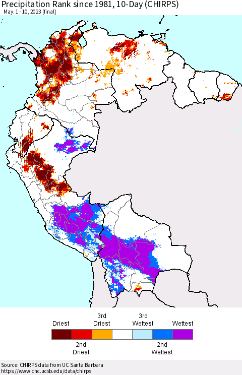 Northern South America Precipitation Rank since 1981, 10-Day (CHIRPS) Thematic Map For 5/1/2023 - 5/10/2023