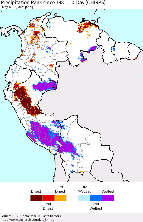 Northern South America Precipitation Rank since 1981, 10-Day (CHIRPS) Thematic Map For 5/6/2023 - 5/15/2023