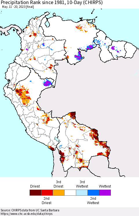 Northern South America Precipitation Rank since 1981, 10-Day (CHIRPS) Thematic Map For 5/11/2023 - 5/20/2023