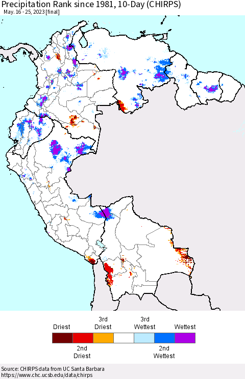 Northern South America Precipitation Rank since 1981, 10-Day (CHIRPS) Thematic Map For 5/16/2023 - 5/25/2023