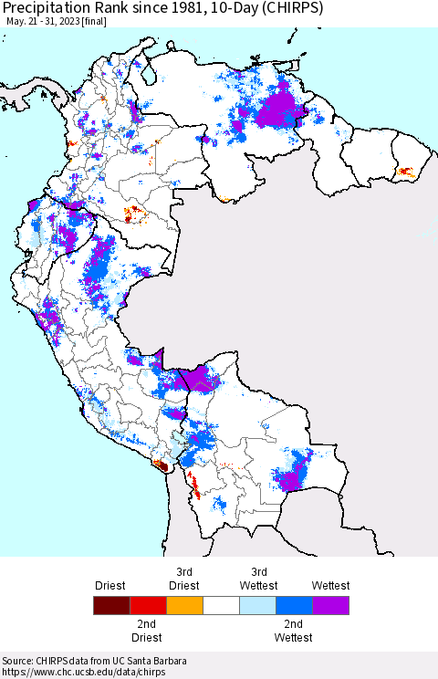 Northern South America Precipitation Rank since 1981, 10-Day (CHIRPS) Thematic Map For 5/21/2023 - 5/31/2023