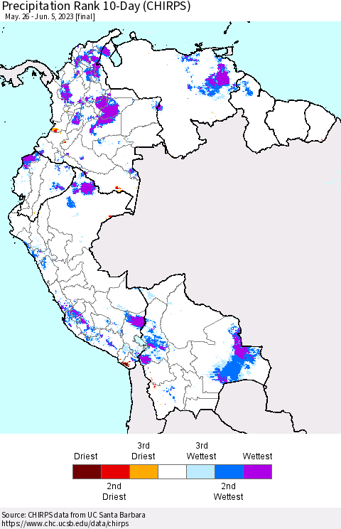 Northern South America Precipitation Rank since 1981, 10-Day (CHIRPS) Thematic Map For 5/26/2023 - 6/5/2023