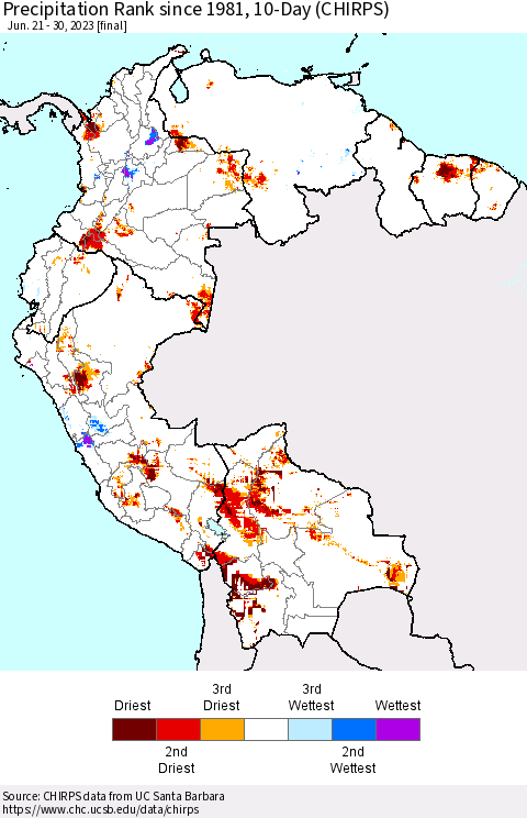 Northern South America Precipitation Rank since 1981, 10-Day (CHIRPS) Thematic Map For 6/21/2023 - 6/30/2023