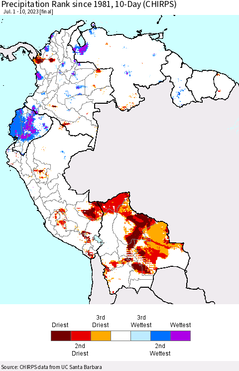 Northern South America Precipitation Rank since 1981, 10-Day (CHIRPS) Thematic Map For 7/1/2023 - 7/10/2023