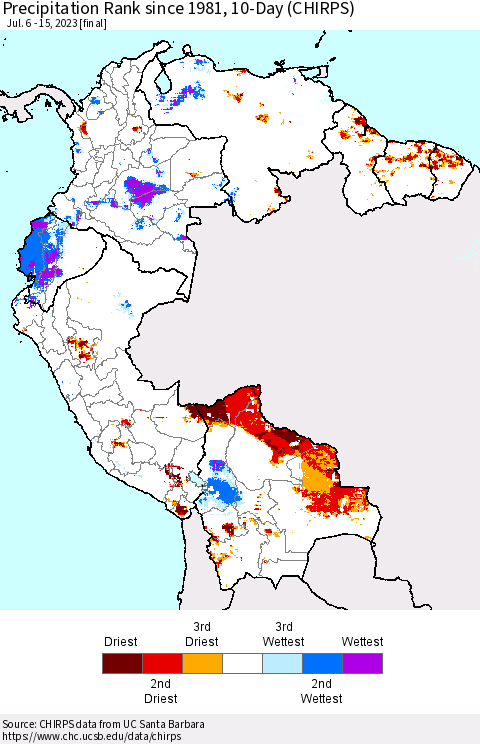 Northern South America Precipitation Rank since 1981, 10-Day (CHIRPS) Thematic Map For 7/6/2023 - 7/15/2023