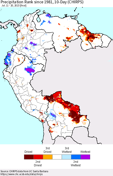 Northern South America Precipitation Rank since 1981, 10-Day (CHIRPS) Thematic Map For 7/11/2023 - 7/20/2023