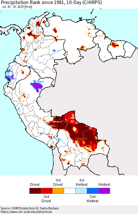 Northern South America Precipitation Rank since 1981, 10-Day (CHIRPS) Thematic Map For 7/16/2023 - 7/25/2023