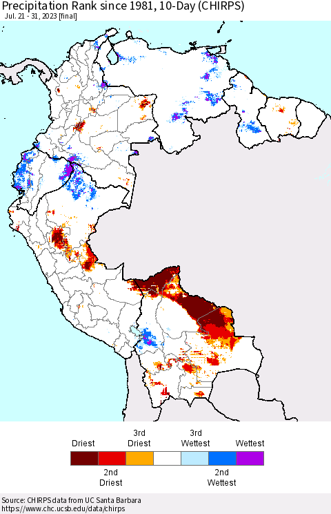 Northern South America Precipitation Rank since 1981, 10-Day (CHIRPS) Thematic Map For 7/21/2023 - 7/31/2023