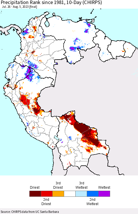 Northern South America Precipitation Rank since 1981, 10-Day (CHIRPS) Thematic Map For 7/26/2023 - 8/5/2023