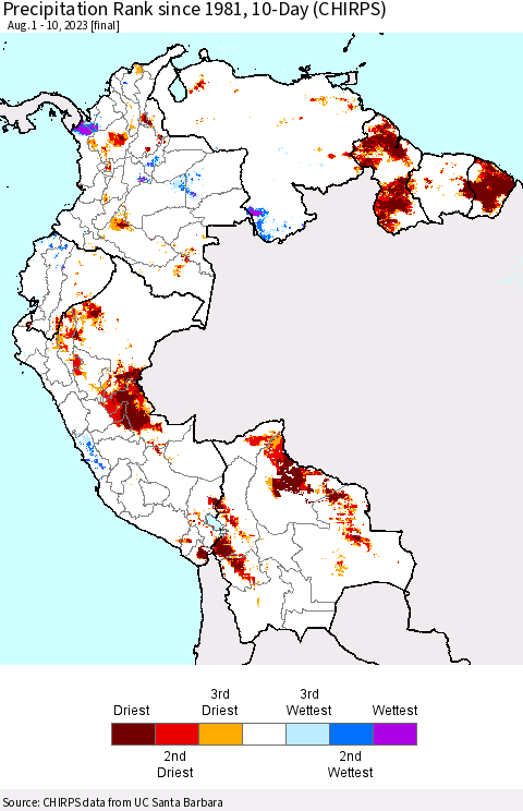 Northern South America Precipitation Rank since 1981, 10-Day (CHIRPS) Thematic Map For 8/1/2023 - 8/10/2023
