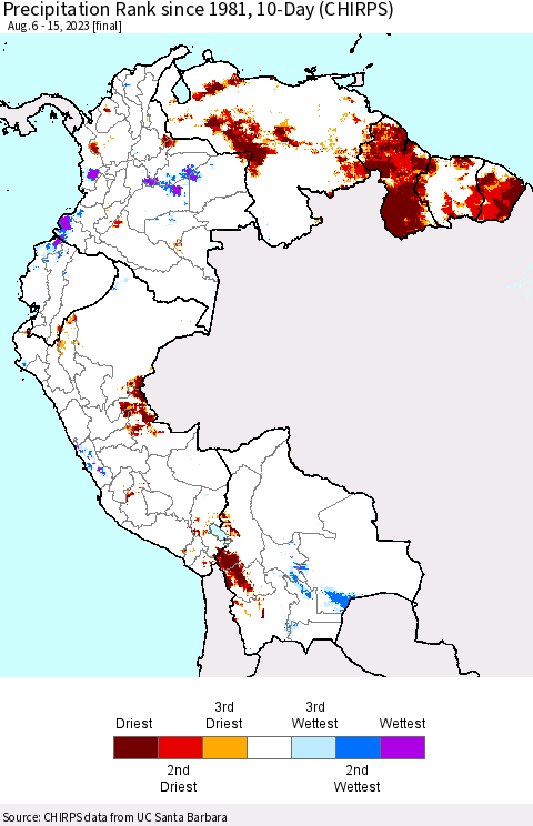 Northern South America Precipitation Rank since 1981, 10-Day (CHIRPS) Thematic Map For 8/6/2023 - 8/15/2023