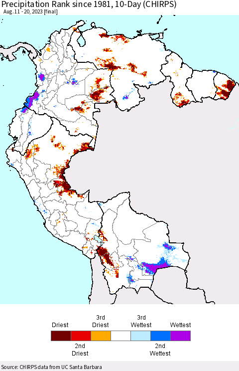 Northern South America Precipitation Rank since 1981, 10-Day (CHIRPS) Thematic Map For 8/11/2023 - 8/20/2023